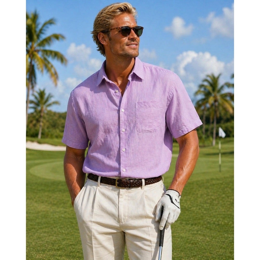 Alan Flusser 100% Linen Shirt Men XXL lilac Short Sleeve Button Casual Excellent